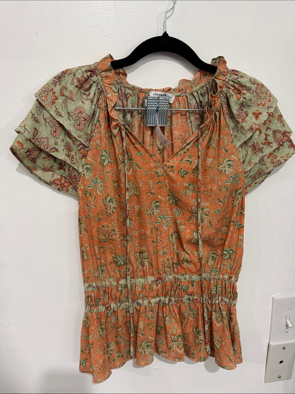 Current Air Orange and Sage Floral Peasant Top